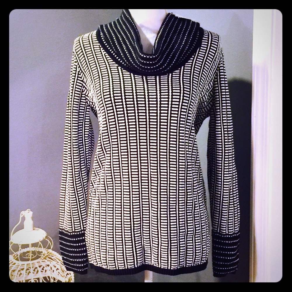 Calvin Klein Black and White Cowl Neck Striped Sweater